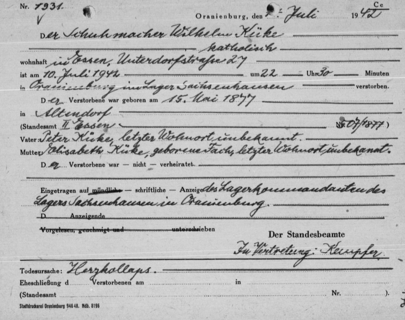 Wilhelm Küke Sterbeurkunde