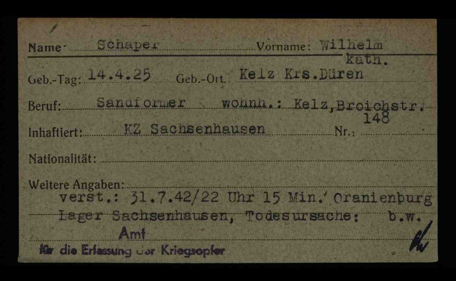 Karteikarte Amt f&uuml;r Erfassung Kriegsopfer Berlin