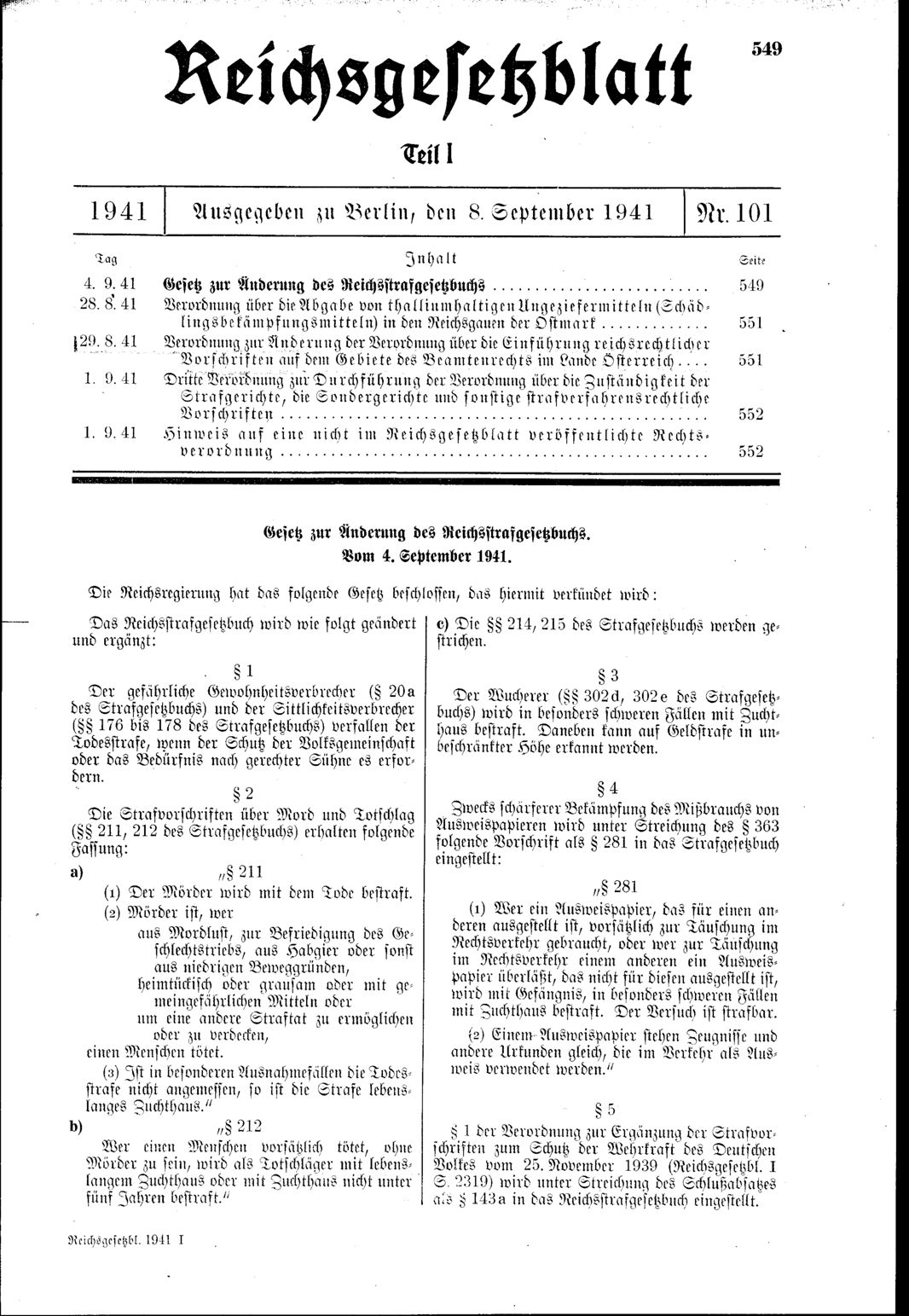 Gesetz zur &Auml;nderung des Reichsstrafgesetzbuchs vom 4. September 1941